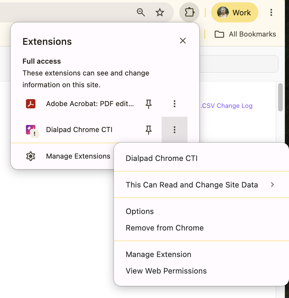 Chrome extensions menu showing the Dialpad Chrome CTI options.